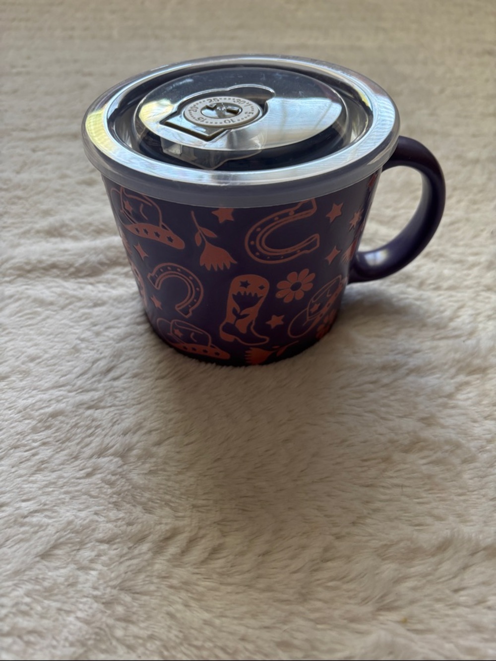 Ceramic Western Theme Soup Mug with Lid - Purple/Pink Western Print